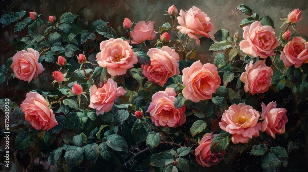 This image showcases a beautiful arrangement of lush pink roses in full bloom with surrounding green foliage, creating a vibrant and picturesque garden scene. This image showcases a beautiful arrangement of lush pink roses in full bloom with surrounding green foliage, creating a vibrant and picturesque garden scene.