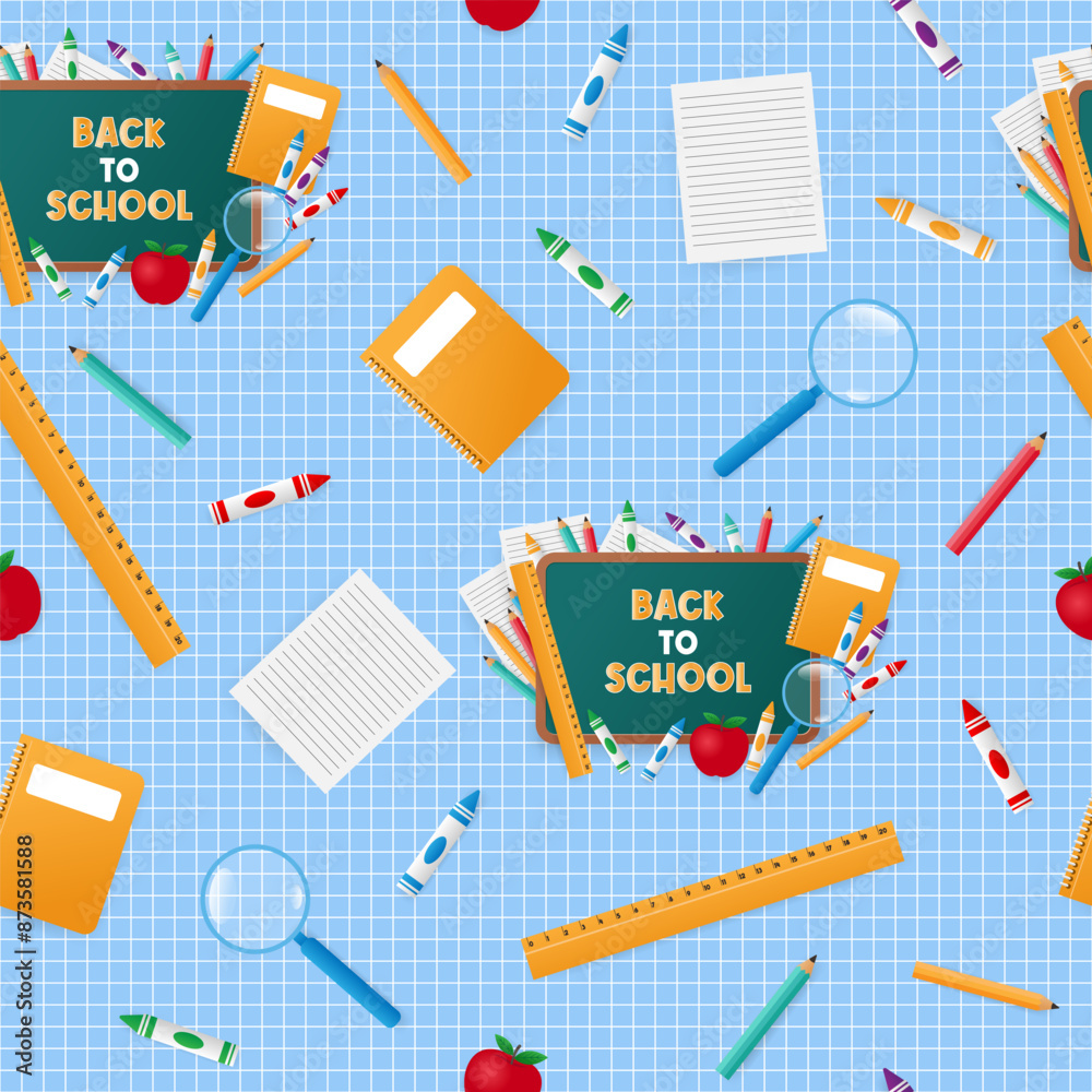 Back to school pattern design. Green chalkboard with school stationery. Back to school pattern design. Green chalkboard with school stationery.