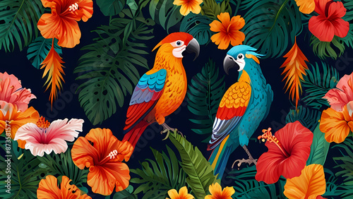 vibrant summer pattern illustration featuring tropical elements such as palm leaves, hibiscus flowers, pineapples, and exotic birds