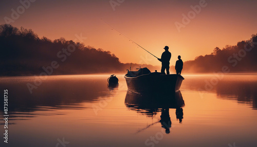 the silhouette of a man fishing in his boat on the mirror-bright and calm river at sunset