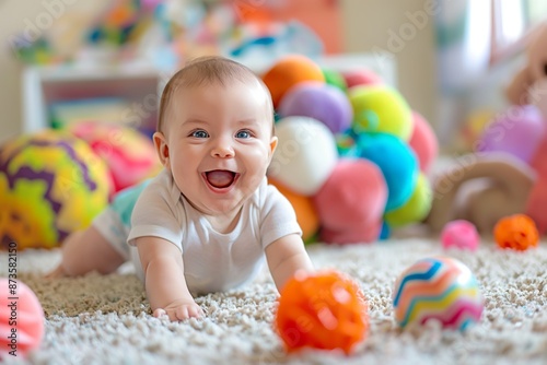 Happy baby crawling on carpet among toys