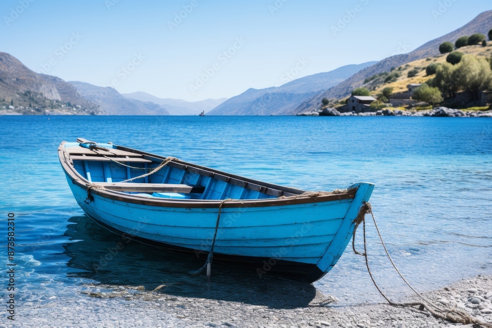 Tranquil scene single small white fishing boat peacefully drifting on calm blue lake Tranquil scene single small white fishing boat peacefully drifting on calm blue lake