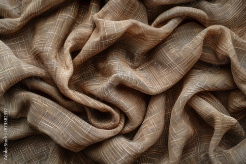 Gathered and folded brown beige natural woven cotton linen fabric textile texture background banner