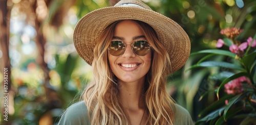 Woman Wearing Sunglasses and a Straw Hat Smiling in a Lush Garden