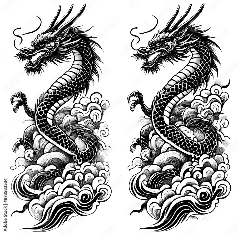 Obraz premium TRIBAL TATOO トライバル タトゥ 刺青 和柄 龍 Dragon