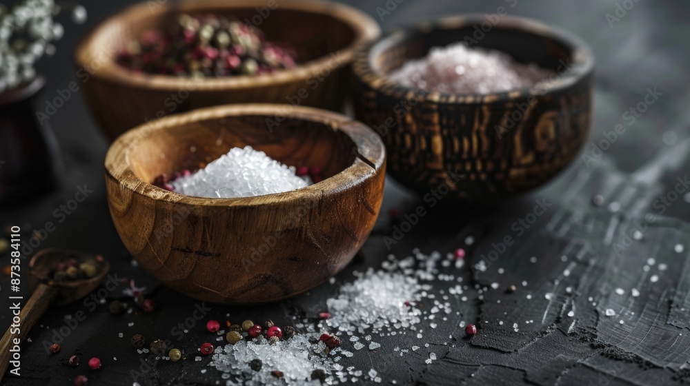 Assorted Salts and Spices in Wooden Bowls Assorted Salts and Spices in Wooden Bowls