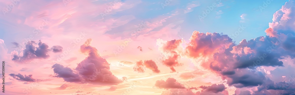 Beautiful Sky with Pastel Clouds at Sunset, Panoramic Background with Copy Space, Perfect for Banners and Panoramic Designs Beautiful Sky with Pastel Clouds at Sunset, Panoramic Background with Copy Space, Perfect for Banners and Panoramic Designs