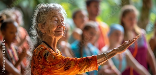 Elderly Woman Leading Group of People in Outdoor Yoga Practice