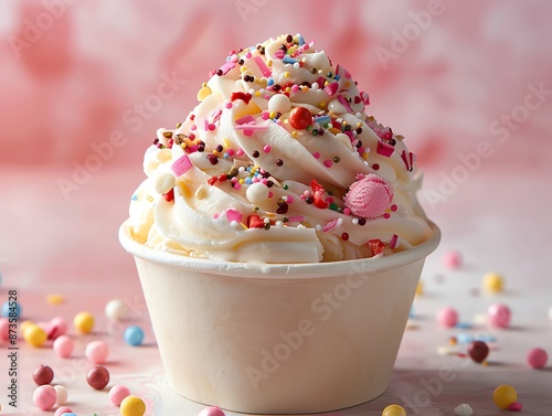 Delicious vanilla ice cream topped with colorful sprinkles in a white cup, perfect for dessert treats and summer delights.