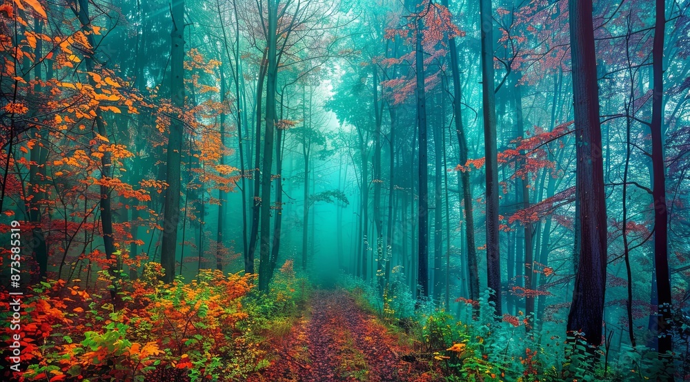 Mystical Forest with Tall Trees, Misty Atmosphere, and Fallen Leaves, Showcasing Dense Foliage in Autumnal Colors of Blue, Teal, Green, Orange, and Yellow, with a Path Leading to Darkness Mystical Forest with Tall Trees, Misty Atmosphere, and Fallen Leaves, Showcasing Dense Foliage in Autumnal Colors of Blue, Teal, Green, Orange, and Yellow, with a Path Leading to Darkness