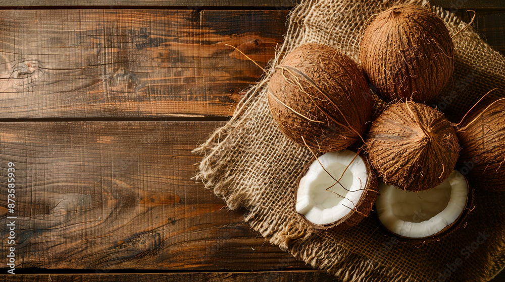 Bricked coconuts on burlap fabric over wooden background with copy space