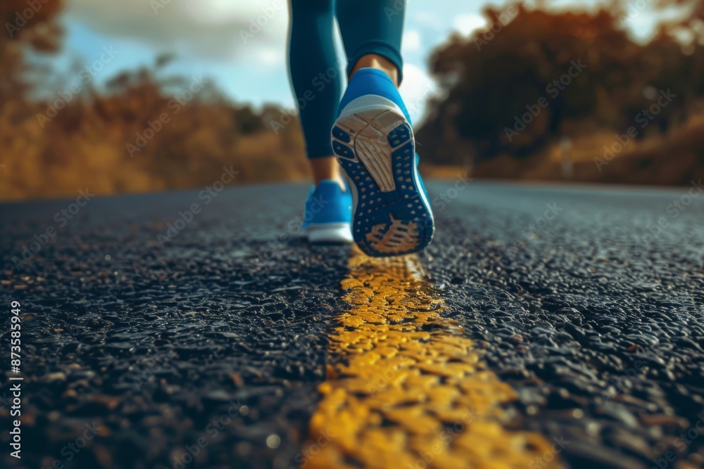 Person in blue shoes running on a road Person in blue shoes running on a road