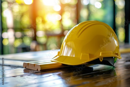 Close up of yellow safety helmet on table at construction site, emphasizing workplace safety