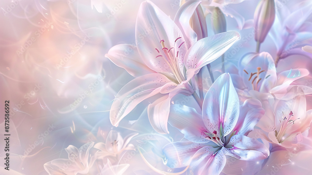 Fototapeta premium Delicate lilies in soft pastel colors with intricate details, artistic style