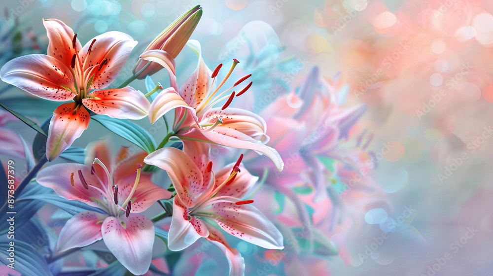 Beautiful watercolor-style lilies on pastel background in ultra wide angle