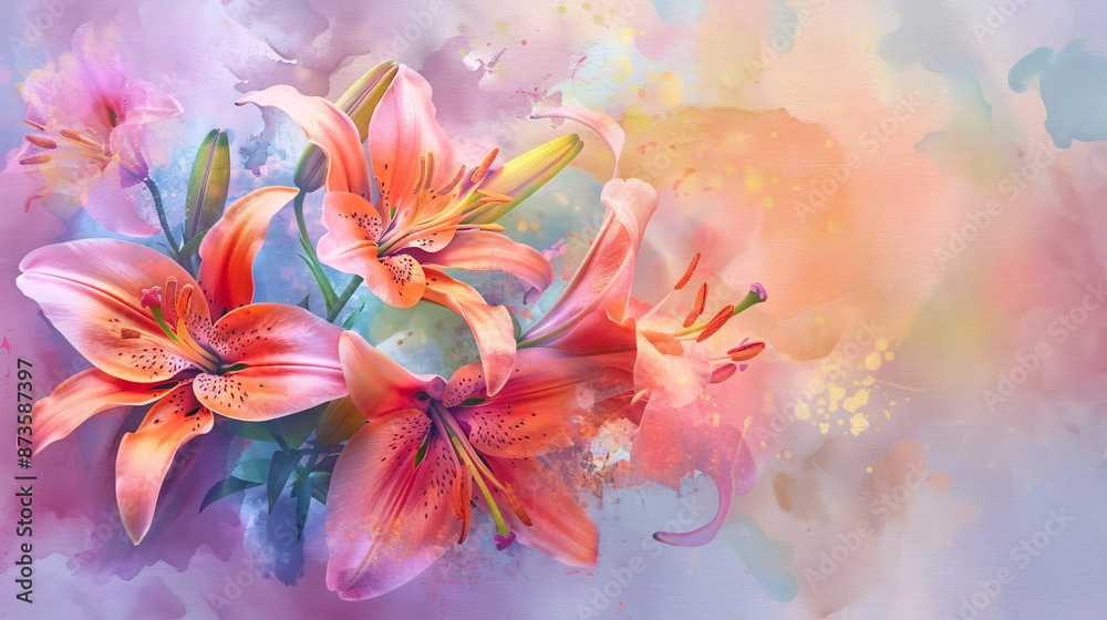 Watercolor style lilies bouquet painting on pastel background, digital art