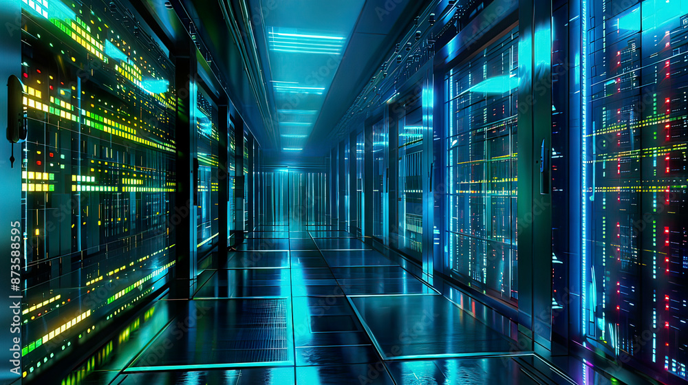 High-resolution image of a server room interior with illuminated server racks bright blue and green lights modern and efficient design focus on data storage