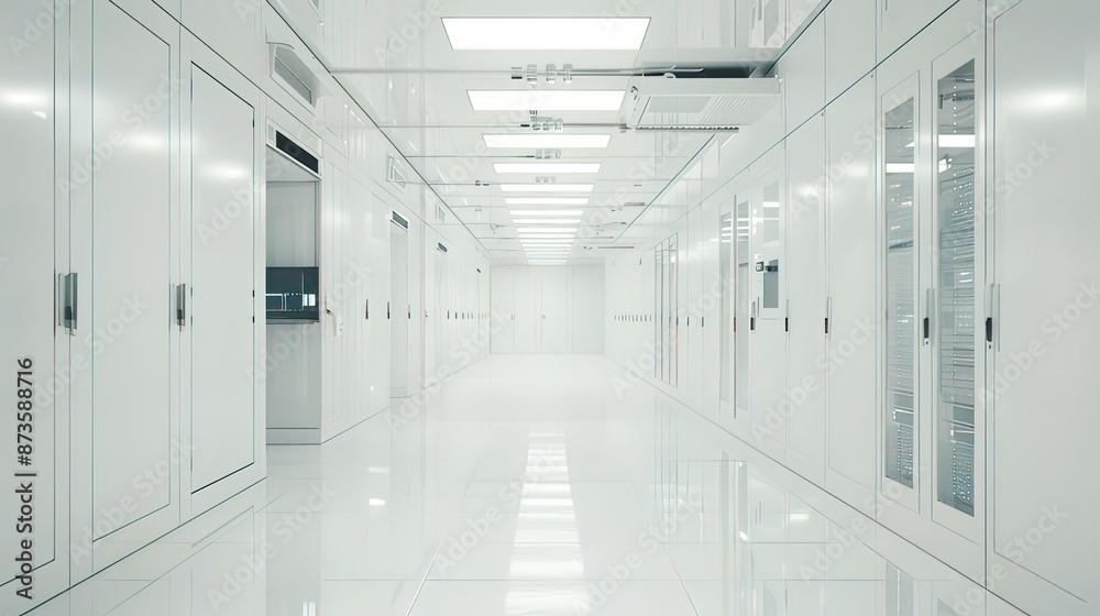 High-resolution image of a white server room featuring neat server racks bright and spacious environment minimalist decor focus on cleanliness and high-tech infrastructure 