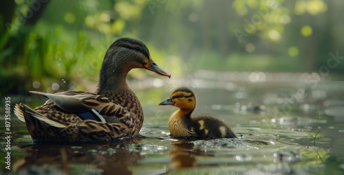 Adult Duck and Duckling Swimming in Rain