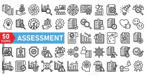 assessment icon lineal collection. risk, survey, tax, measurement, measure, price, rating, evaluation, opinion, account, cost, estimate, appraisal