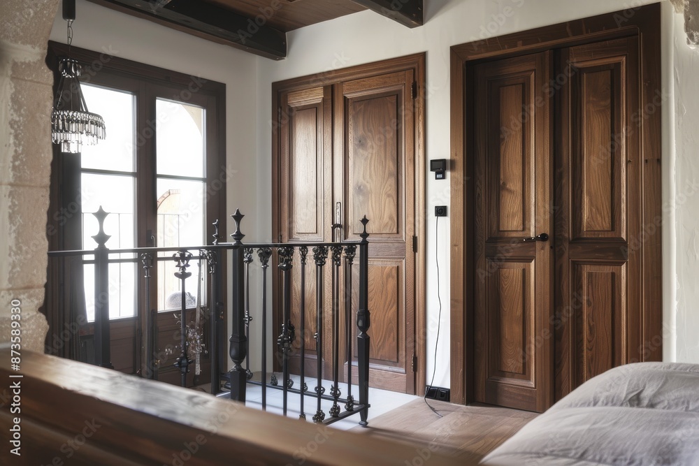 Interior of a bedroom with wooden doors and black iron railings Interior of a bedroom with wooden doors and black iron railings