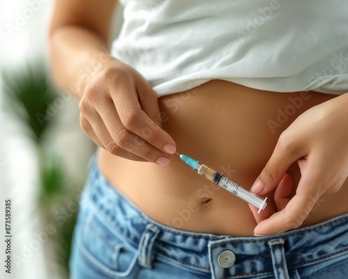 Closeup of woman injecting insulin for diabetes treatment into her belly indoors