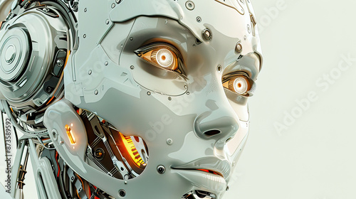 Hyper-realistic illustration of a female robot face featuring intricate details and lifelike expression symbolizing the concept of artificial intelligence and generative AI 