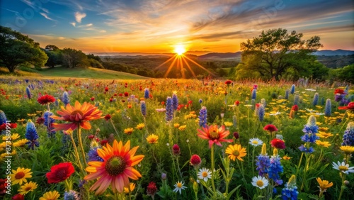 Vibrant wildflowers sway gently in the warm golden light of a serene Texas Hill Country sunrise.