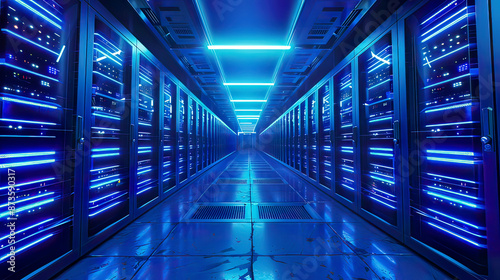 Photorealistic 3D image of a server in a datacenter with vibrant blue lighting rows of sleek server racks focus on cloud computing and advanced data storage solutions 