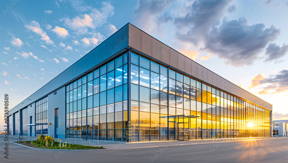 Obraz premium Modern warehouse with sunset reflection, inviting ambiance, contemporary architecture