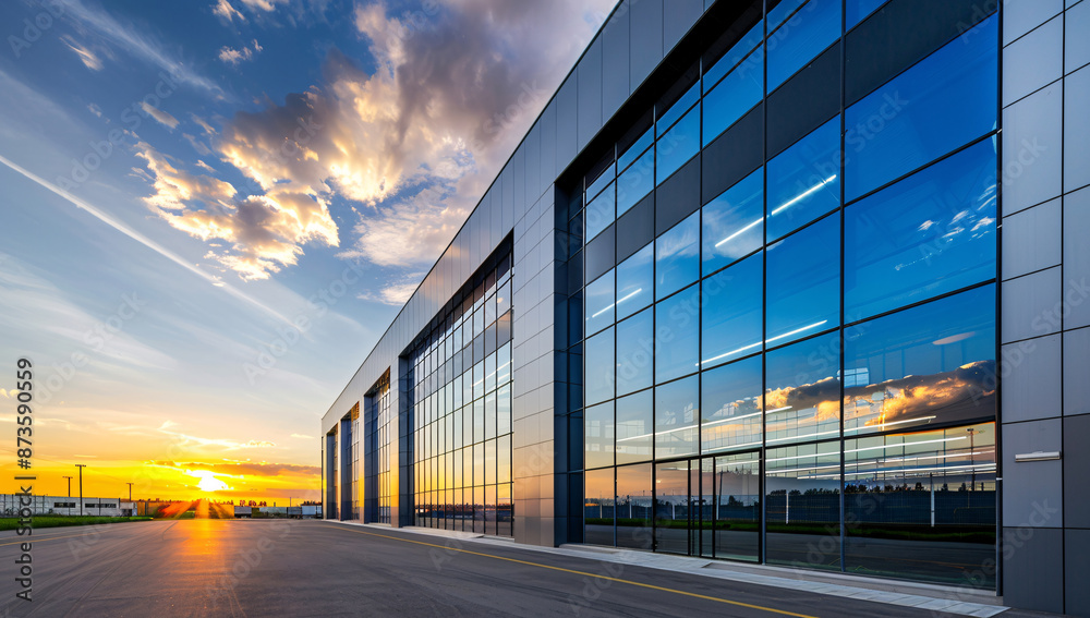 Obraz premium Modern warehouse at sunset with sleek contemporary architecture