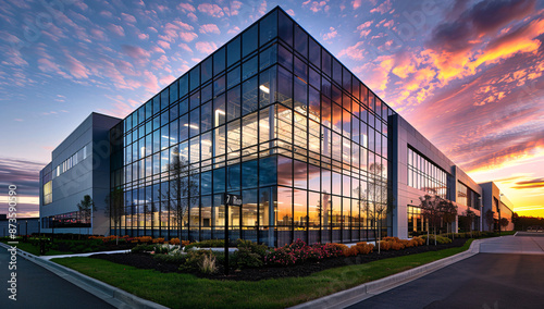 Modern warehouse with sunset reflections, sleek design, and elegant architecture