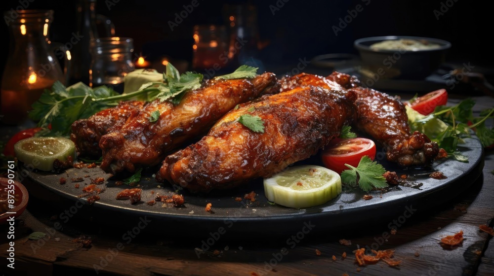 Buffalo wings with melted hot sauce on a wooden table with a blurred background Buffalo wings with melted hot sauce on a wooden table with a blurred background