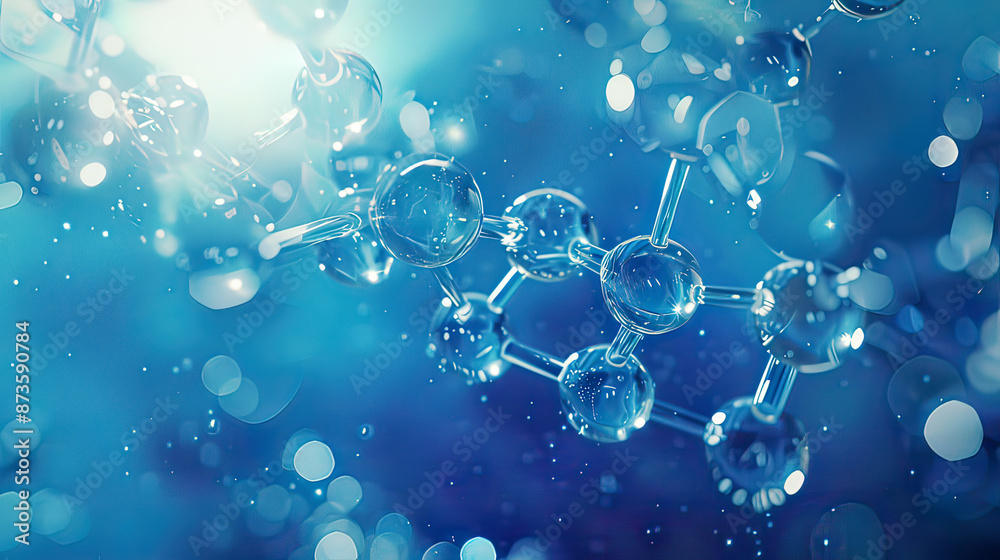 Photorealistic depiction of a molecular structure close-up view with detailed atoms and bonds bright blue background focus on scientific accuracy and intricate design Photorealistic depiction of a molecular structure close-up view with detailed atoms and bonds bright blue background focus on scientific accuracy and intricate design