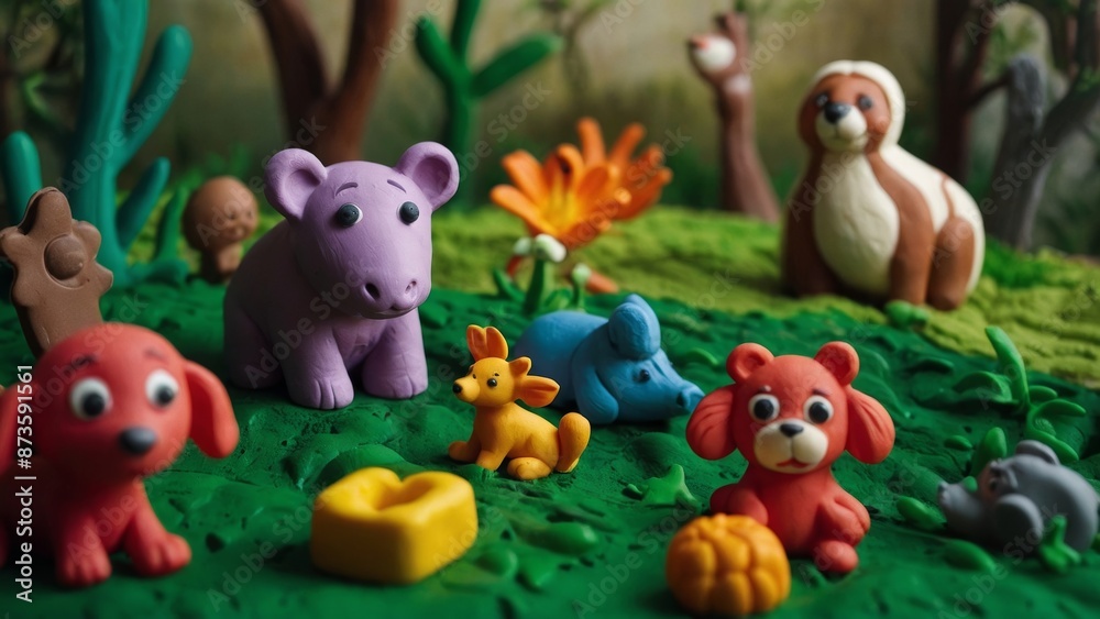 Naklejka premium Engaging clay animation of kids exploring a vibrant zoo with adorable animals
