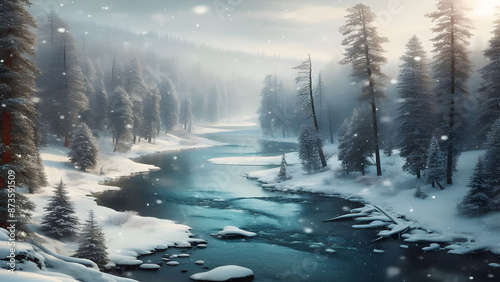 A Serene River Flowing Through a Snowy Wonderland