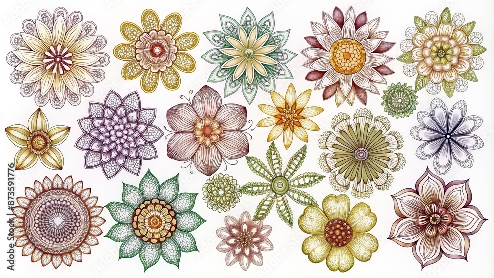 Intricate hand-drawn openwork flowers in various shapes and types isolated on a pure white background as separate vector illustrations. Intricate hand-drawn openwork flowers in various shapes and types isolated on a pure white background as separate vector illustrations.