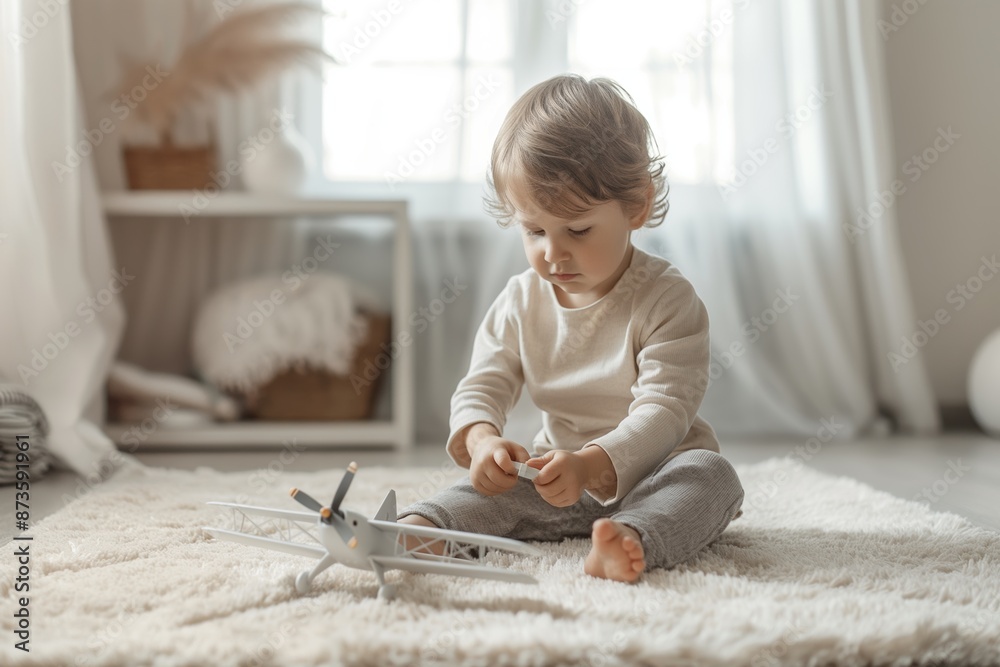 Baby playing with toy airplane on the carpet. Baby playing with toy airplane on the carpet.