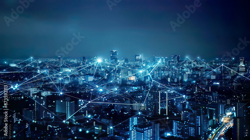 Photorealistic representation of a smart city and telecommunication network concept digitally enhanced cityscape interconnected network lines and nodes futuristic atmosphere 