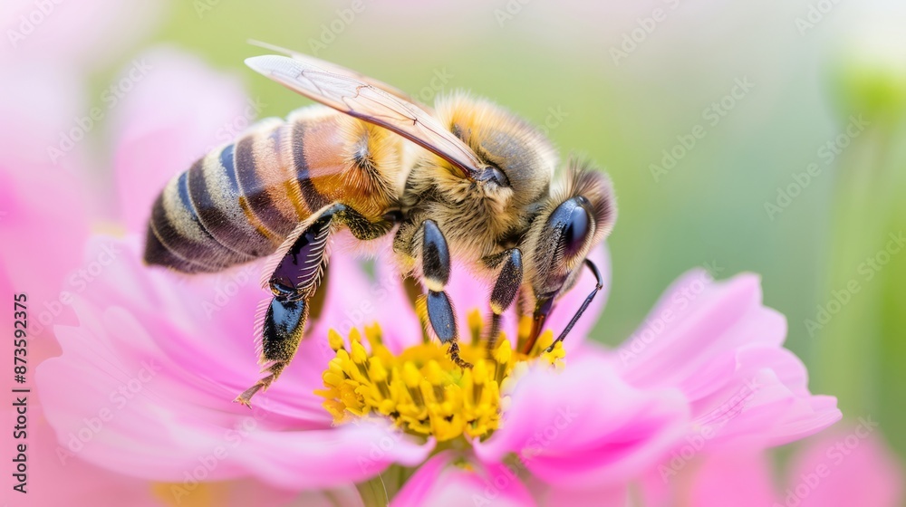 Close-up of a honeybee collecting nectar from a vibrant pink flower, showcasing pollination in nature with delicate beauty and detail. Close-up of a honeybee collecting nectar from a vibrant pink flower, showcasing pollination in nature with delicate beauty and detail.