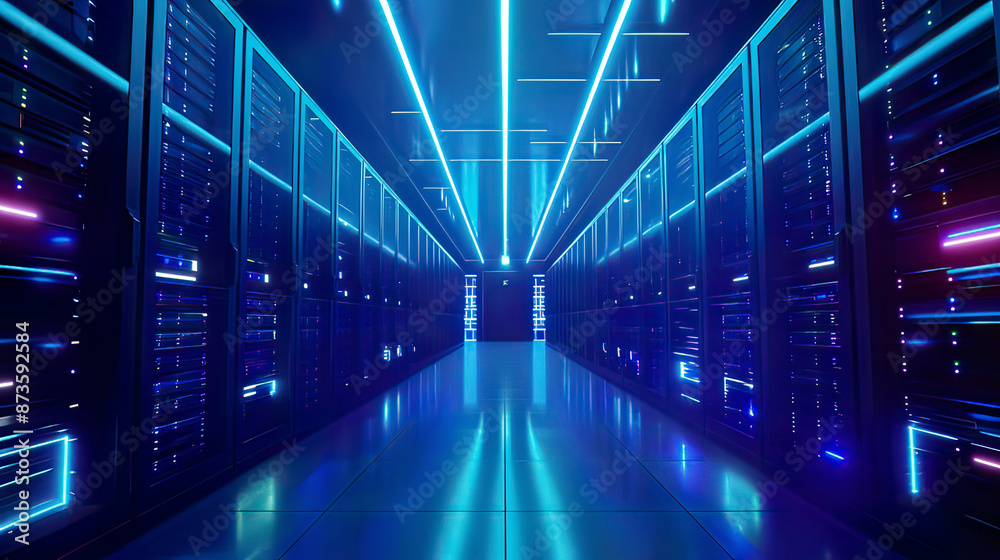 Photorealistic representation of server racks in a data center glowing blue lighting sleek and organized environment emphasis on advanced technology and efficient data storage Photorealistic representation of server racks in a data center glowing blue lighting sleek and organized environment emphasis on advanced technology and efficient data storage