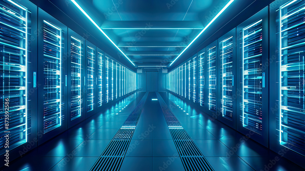 Obraz premium Photorealistic representation of server racks in a data center glowing blue lighting sleek and organized environment emphasis on advanced technology and efficient data storage 