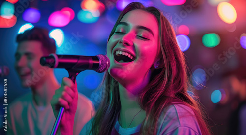 A young woman is singing karaoke with her boyfriend, holding the microphone and laughing joyfully at night in front of colorful lights. © Kien