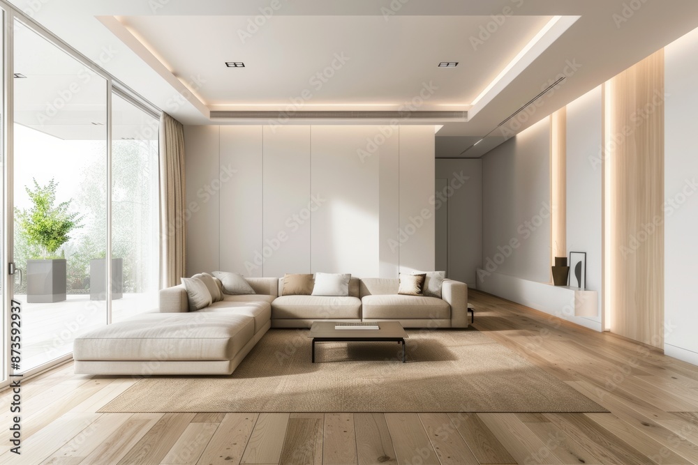 Interior of modern living room with white walls, wooden floor, white sofa and coffee table. Interior of modern living room with white walls, wooden floor, white sofa and coffee table.