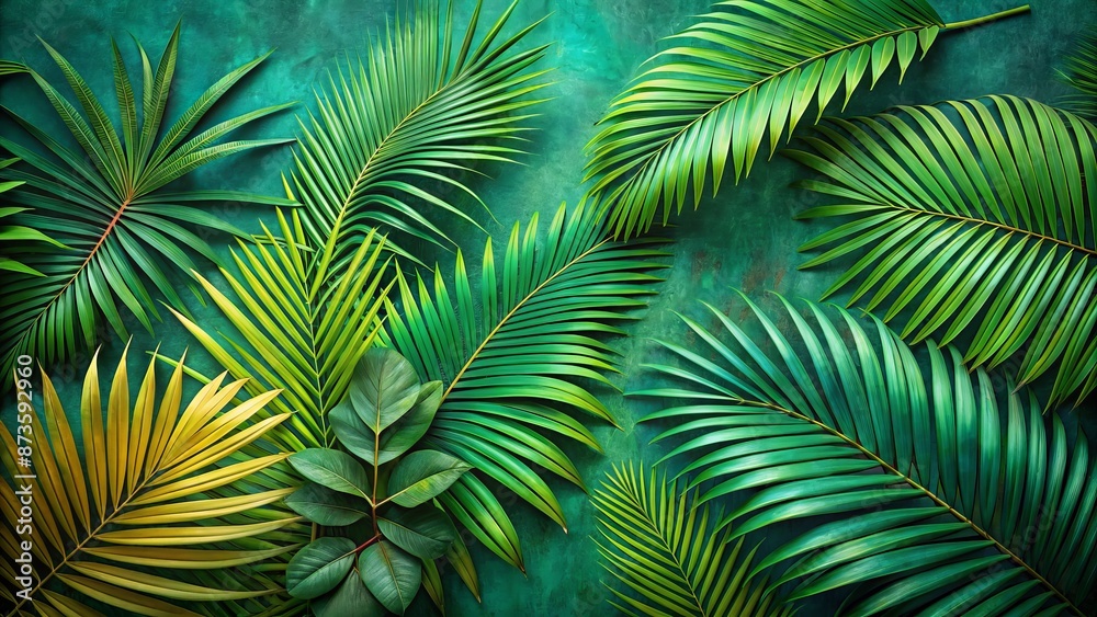 Vibrant tropical palm leaves arranged artfully on a lush green textured background, evoking a sense of serene natural beauty and tranquility. Vibrant tropical palm leaves arranged artfully on a lush green textured background, evoking a sense of serene natural beauty and tranquility.