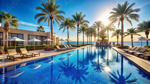 Luxurious blue-tiled swimming pool surrounded by sun loungers, palm trees, and modern hotel architecture under clear blue sky.
