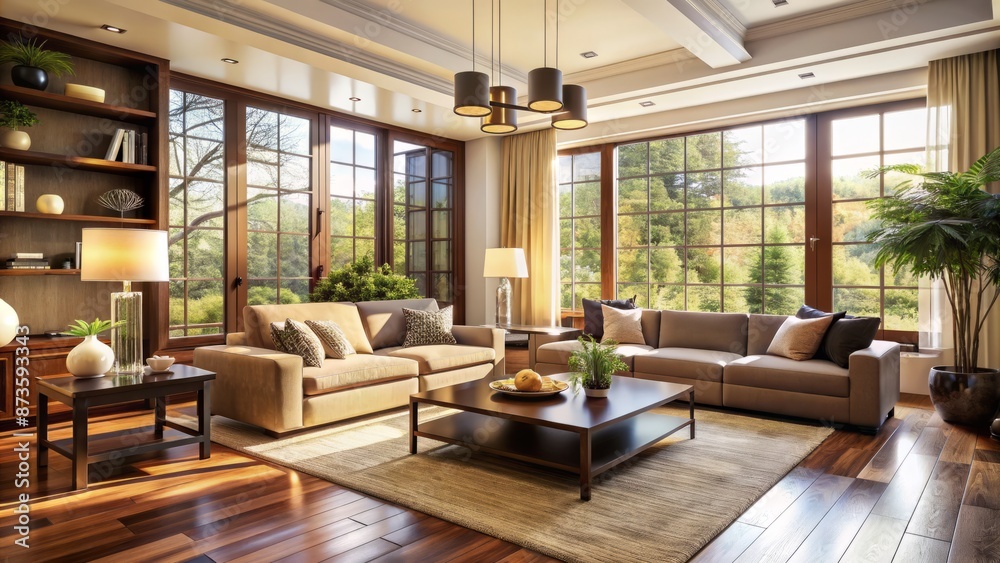 Cozy modern living room with cream walls, dark wood furniture, and large windows with natural daylight pouring in. Cozy modern living room with cream walls, dark wood furniture, and large windows with natural daylight pouring in.