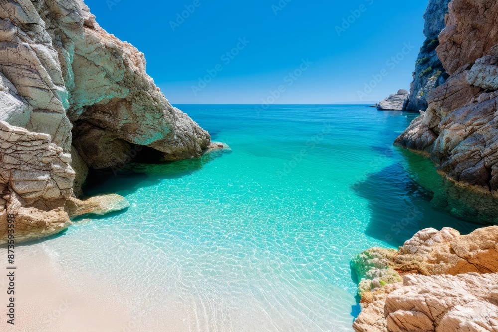 Fototapeta premium Stunning secluded beach with turquoise waters, white sandy shore, and rocky cliffs under a clear blue sky. Perfect for a tranquil escape.