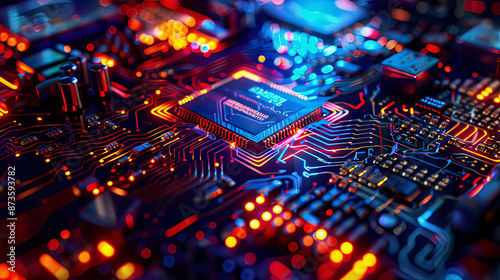 Ultra-detailed visual of a stylized abstract processor with dynamic patterns and vibrant colors representing the speed and innovation of digital processing technology 