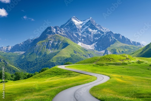 Winding road through lush green meadows leading to majestic snow-capped mountain under clear blue sky.